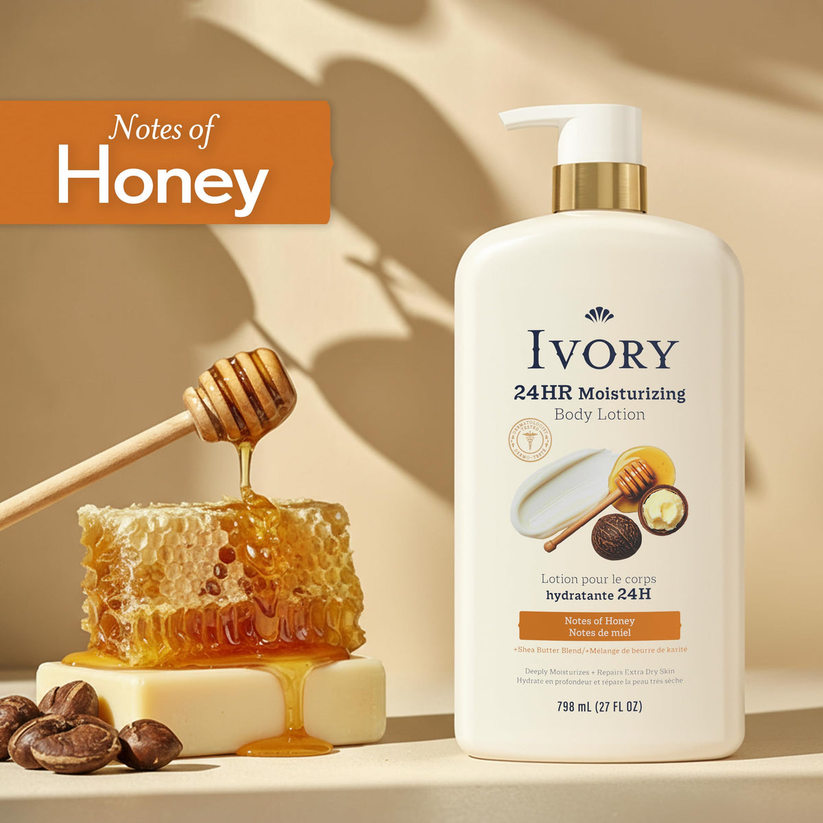 Ivory product label showing shea butter and honey for nourishing care