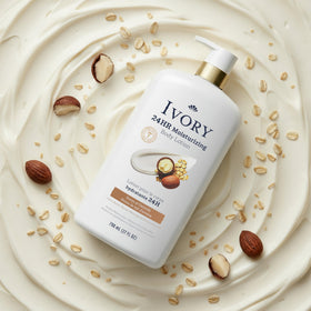 Demonstration of Ivory lotion absorbing into skin illustrating non-greasy finish