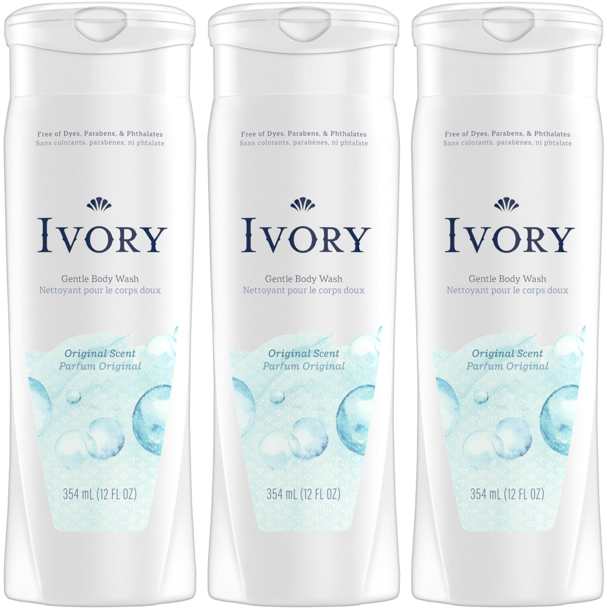 Ivory original front packaging showing three 12 oz bottles and classic scent