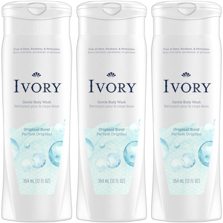Ivory original front packaging showing three 12 oz bottles and classic scent