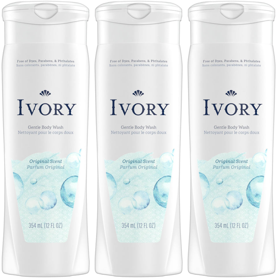 Ivory original front packaging showing three 12 oz bottles and classic scent