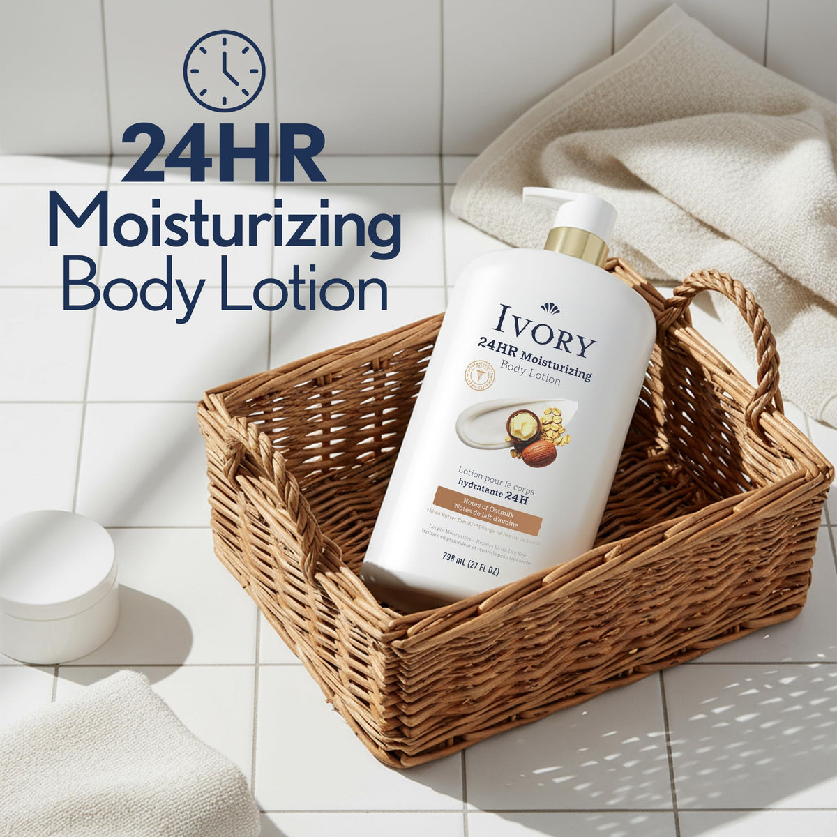 Ivory pump dispensing lotion, demonstrating easy application and quick use