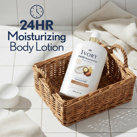 Ivory pump dispensing lotion, demonstrating easy application and quick use