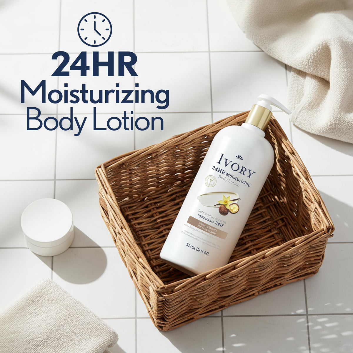 Ivory pump dispensing lotion demonstrating easy, mess-free application benefit