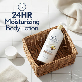 Ivory pump dispensing lotion demonstrating easy, mess-free application benefit