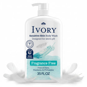 Ivory Sensitive front bottle showing brand and fragrance-free formula benefits