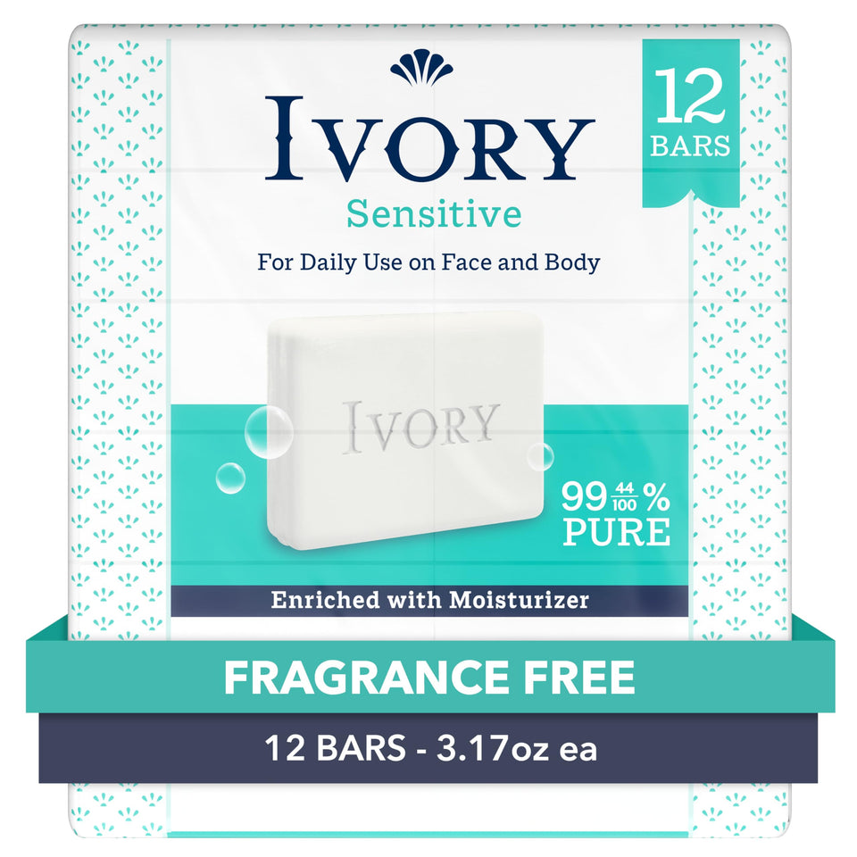 Ivory sensitive front packaging showing fragrance free family soap benefit