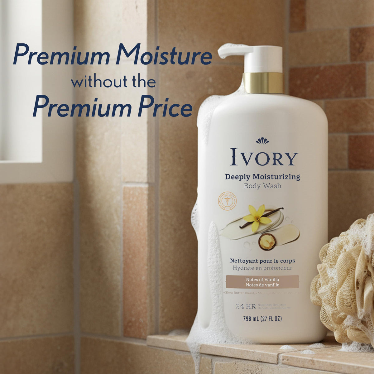 Ivory in shower scene with subtle vanilla scent providing calming experience