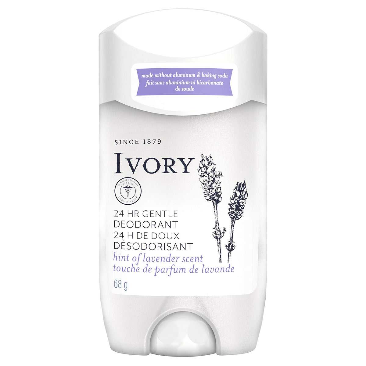 Ivory front packaging of lavender aluminum free deodorant for gentle all-day freshness