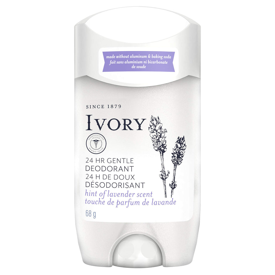 Ivory front packaging of lavender aluminum free deodorant for gentle all-day freshness