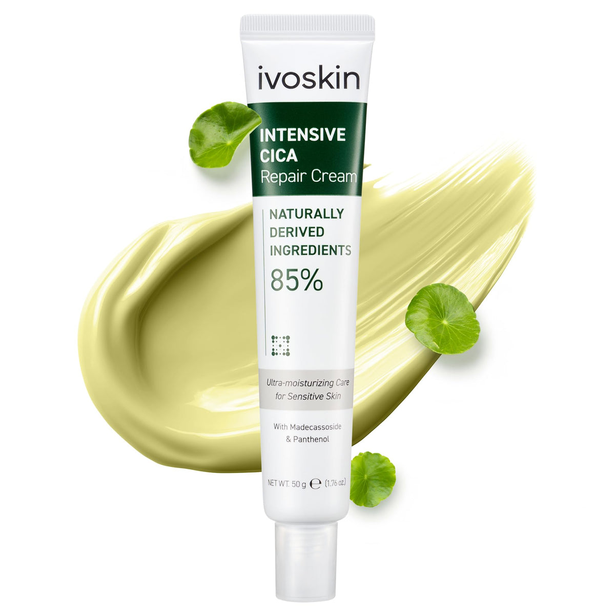 IVOSKIN front jar 50g showing soothing green tint and clear labeling benefit