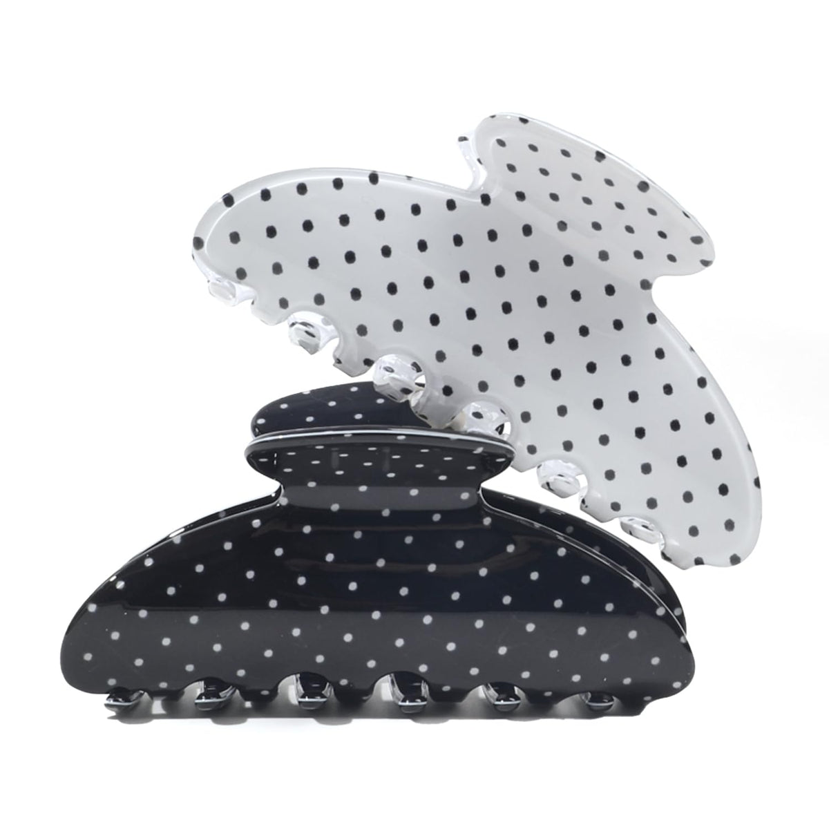 Ivyu front view of black and white polka dot 3.8-inch clips showing pattern and glossy finish