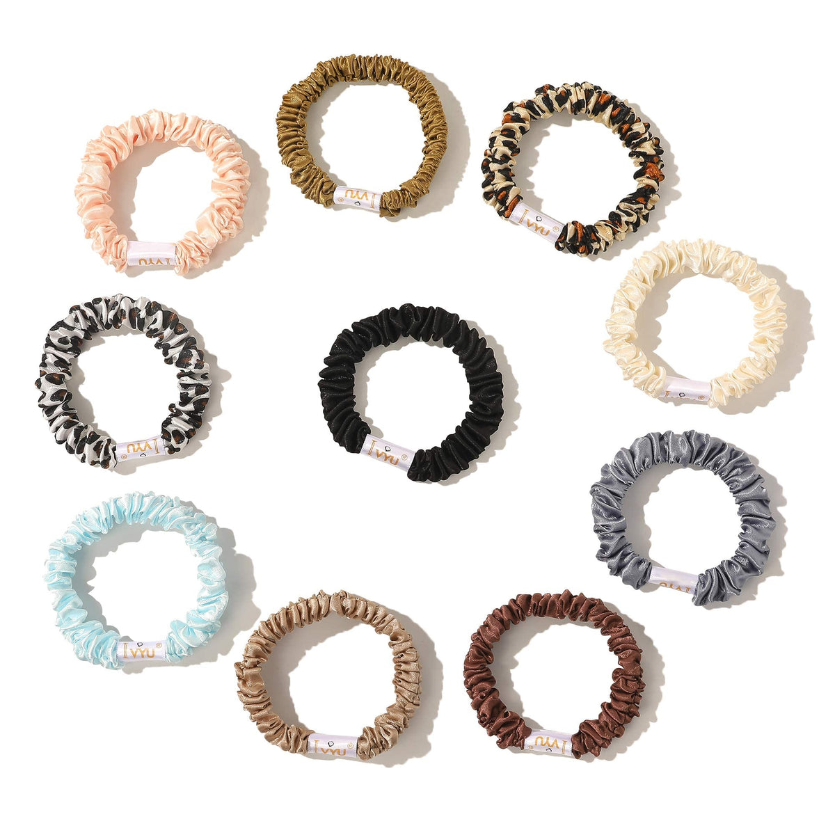 Ivyu front view of scrunchie set showing slim satin bands and neutral tones for polished looks