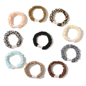 Ivyu front view of scrunchie set showing slim satin bands and neutral tones for polished looks