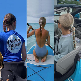 Ivyu wrapped ponytail in a pool setting showing quick-drying benefit