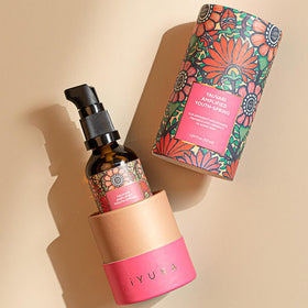 Evening skincare scene with bottle on sink with The Ayurveda Experience suggesting restorative ritual