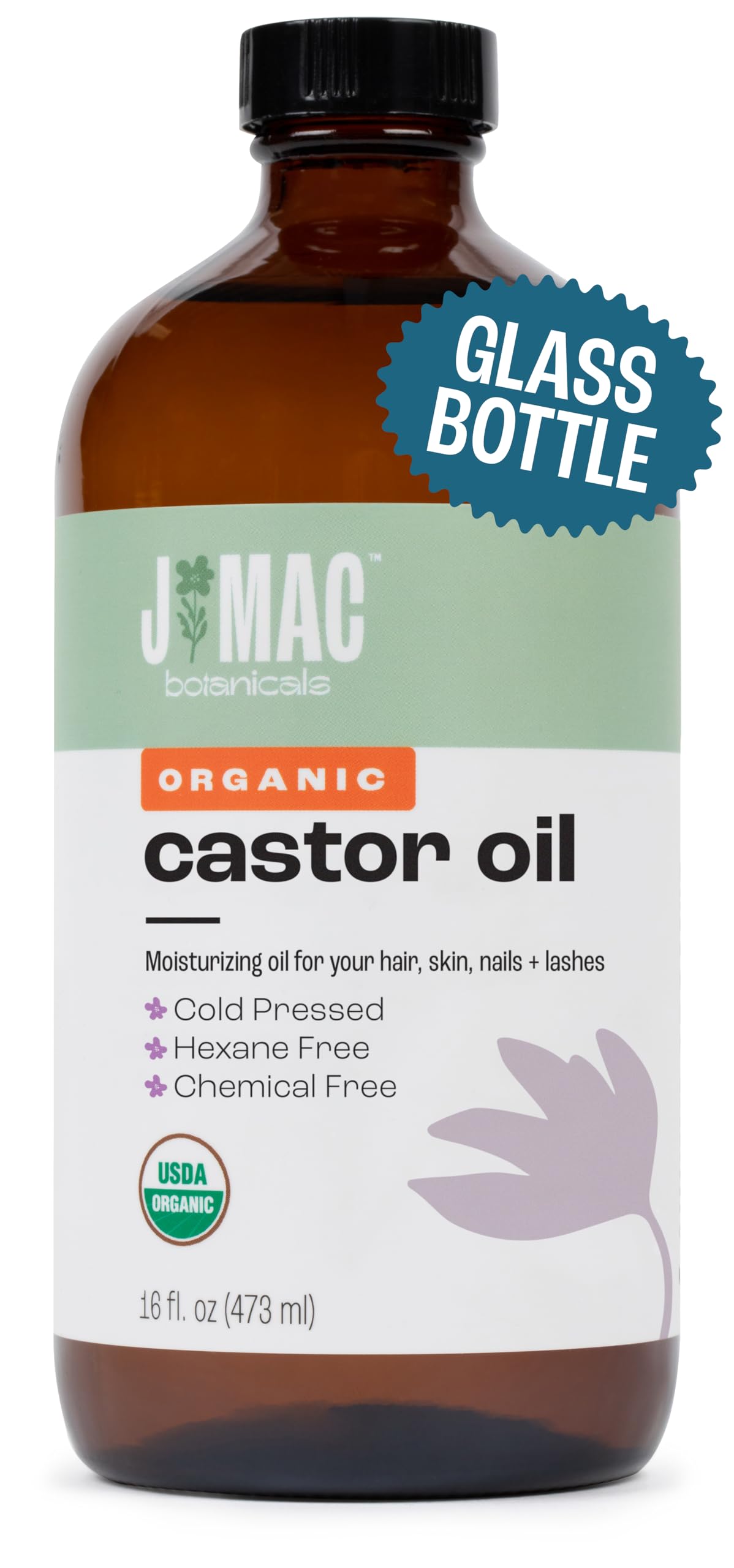 J MAC BOTANICALS 16 oz amber glass bottle front view, protects oil quality