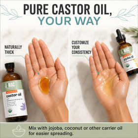 J MAC BOTANICALS castor oil pouring from bottle into spoon, shows rich texture