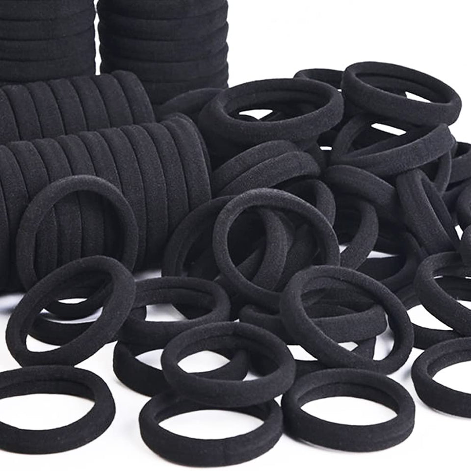 J-MEE front pack of 100 black hair bands showing bulk supply and value