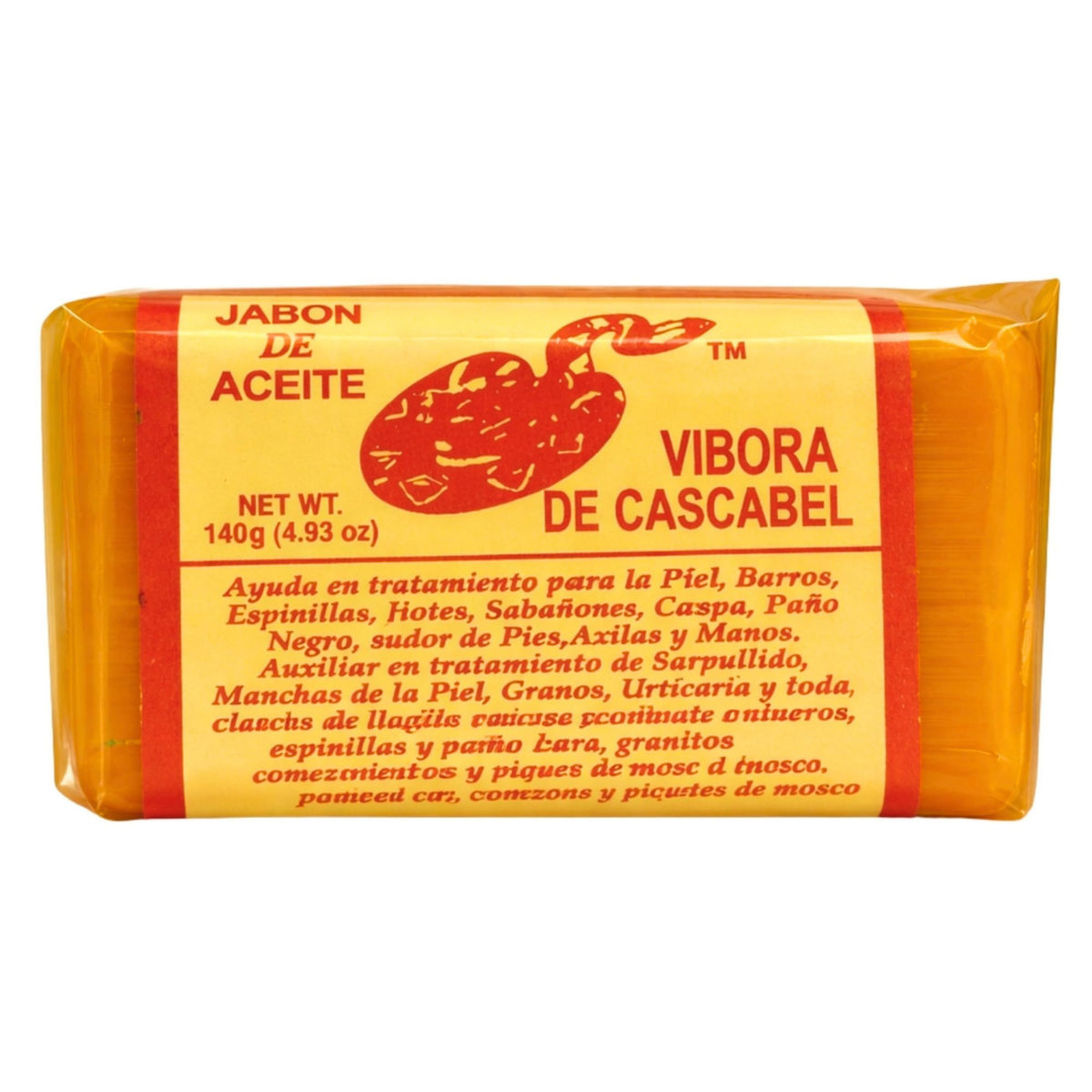 JABON DE ACEITE VIBORA DE CASCABEL front packaging showcasing 140g bar and branding benefit