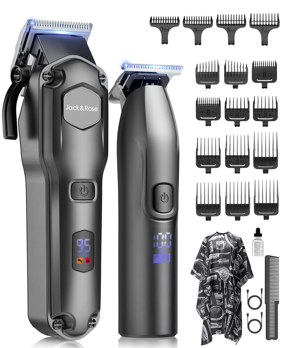 Jack & Rose front view of clipper and trimmer set showing kit contents and benefit of completeness