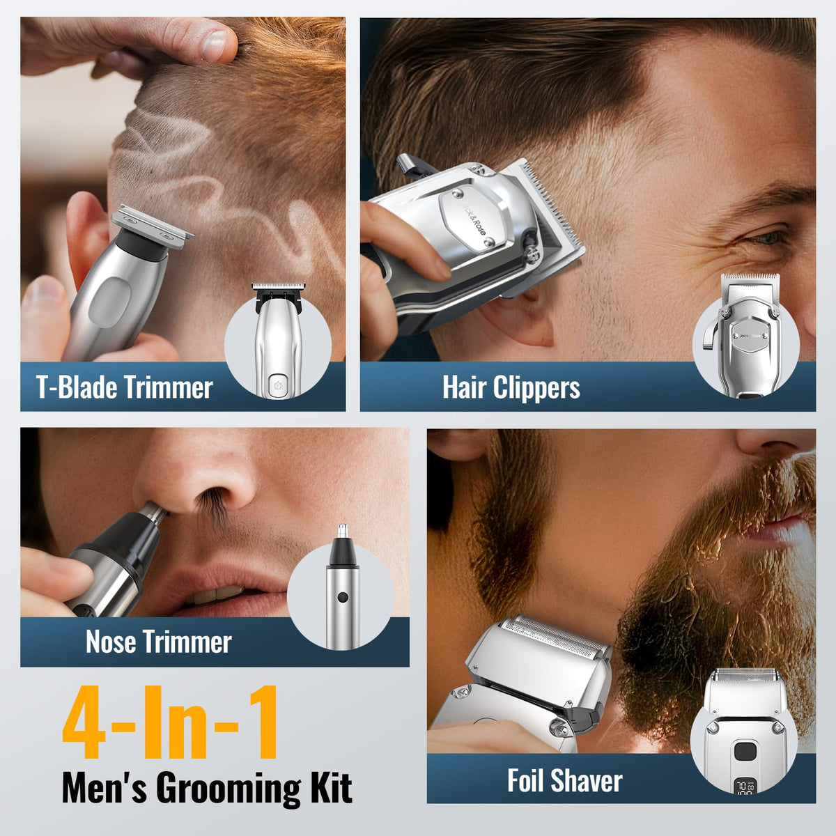 Jack & Rose nose trimmer detail showing rotary head for gentle, pull-free trimming of nose hair