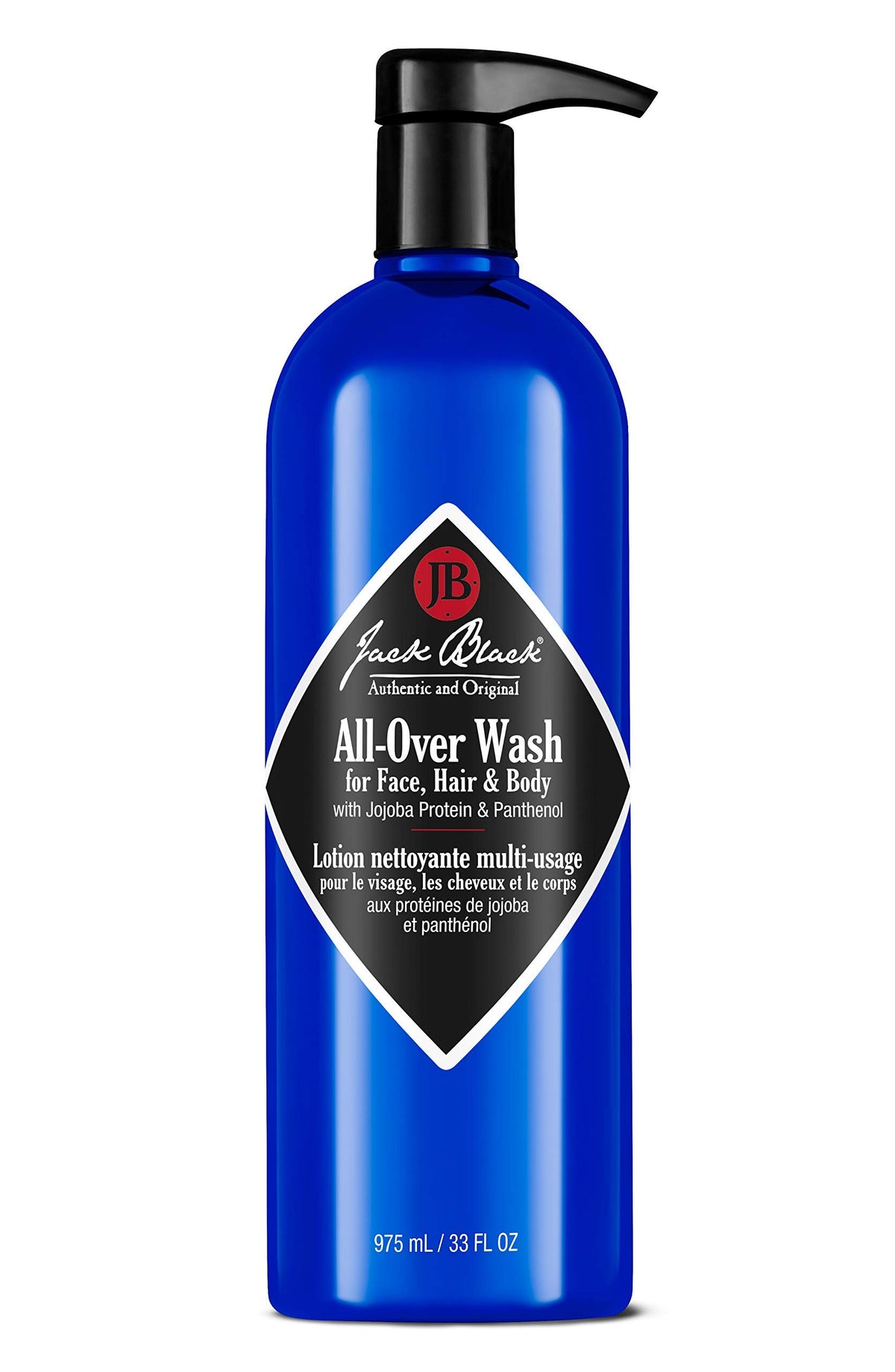 Jack Black bottle front view showing pump and branding, clear product identity benefit