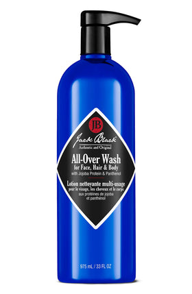Jack Black bottle front view showing pump and branding, clear product identity benefit