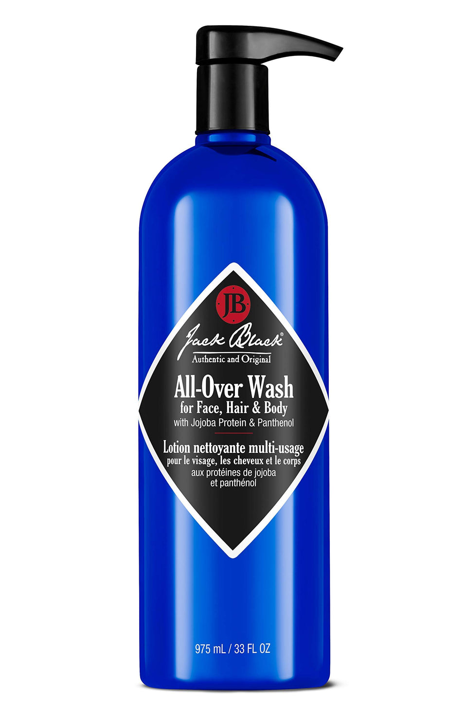 Jack Black bottle front view showing pump and branding, clear product identity benefit