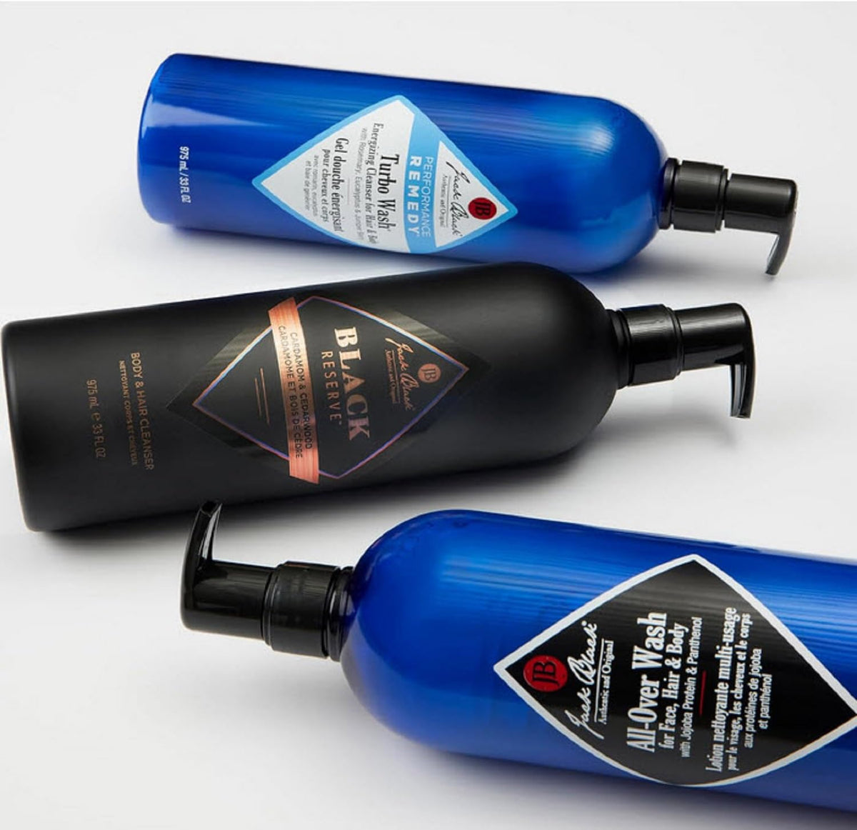 Jack Black wash on shower shelf in use, conveys convenience for hair and body