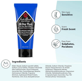 Grooming counter with Jack Black All-Over Wash and accessories, suggests streamlined routine