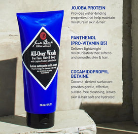 Jack Black wash being dispensed producing rich lather, shows cleansing performance