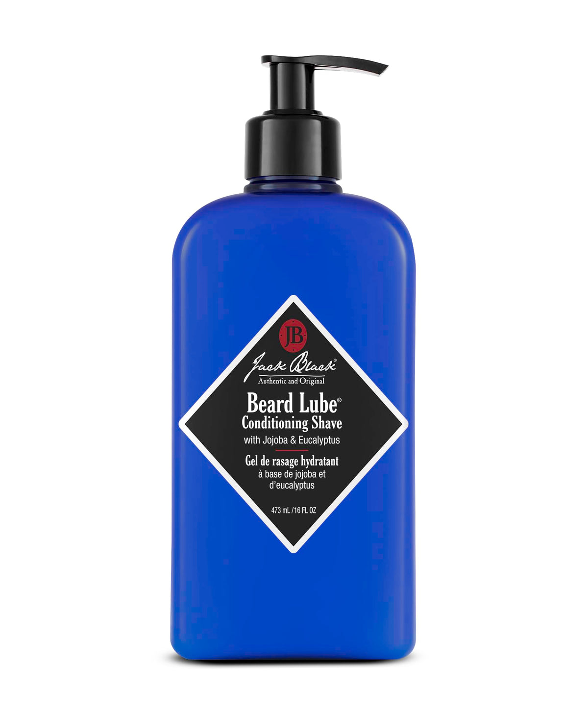 Jack Black bottle front view showing label and 16 oz size, clear shave solution benefit