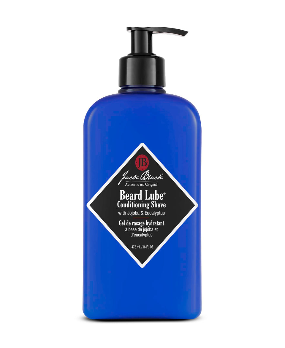Jack Black bottle front view showing label and 16 oz size, clear shave solution benefit