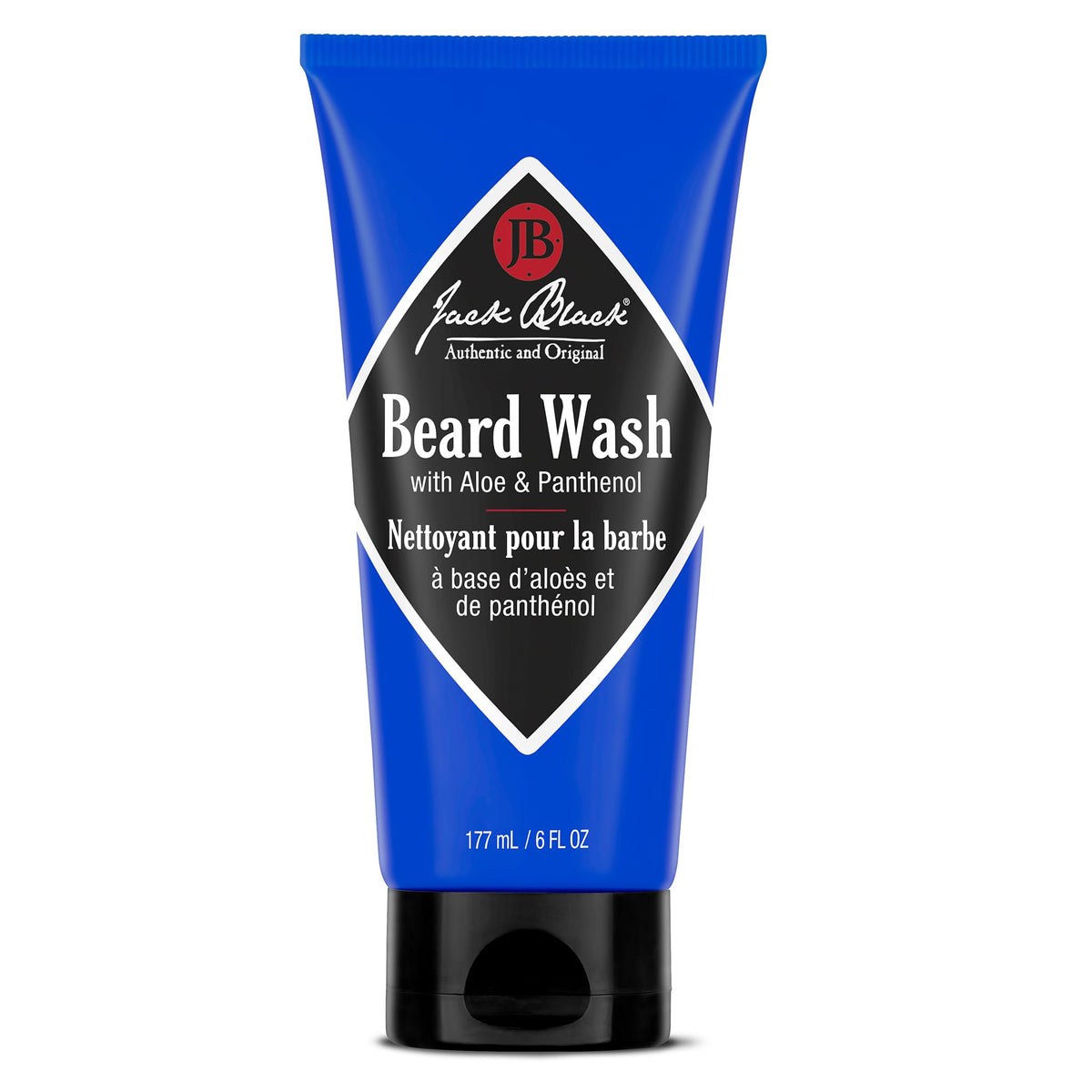 Jack Black beard wash front bottle showing label and gentle cleaning benefit