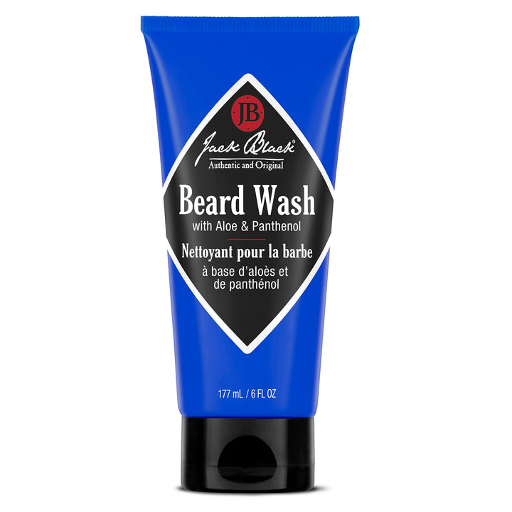Jack Black beard wash front bottle showing label and gentle cleaning benefit