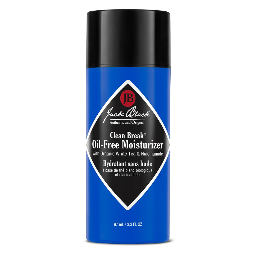 Jack Black front packaging of Clean Break moisturizer showing bottle and label benefits