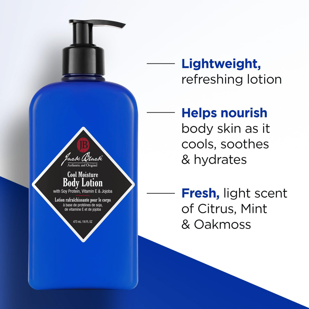 Jack Black pump and label close-up highlighting ingredients and scent
