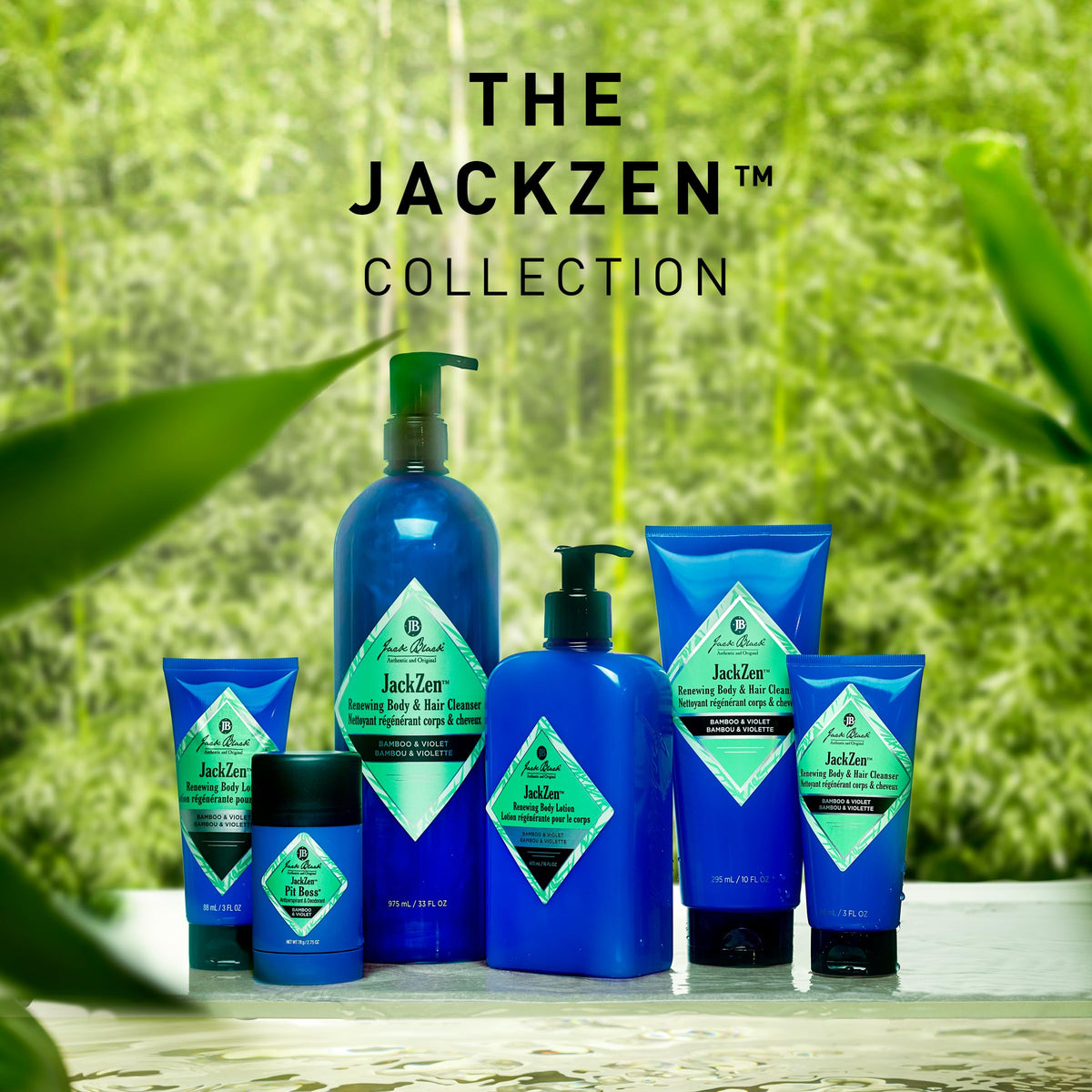 Jack Black product staged with bamboo and violet accents to convey calming, earthy scent