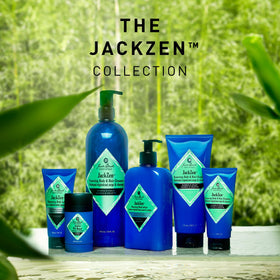 Jack Black product staged with bamboo and violet accents to convey calming, earthy scent