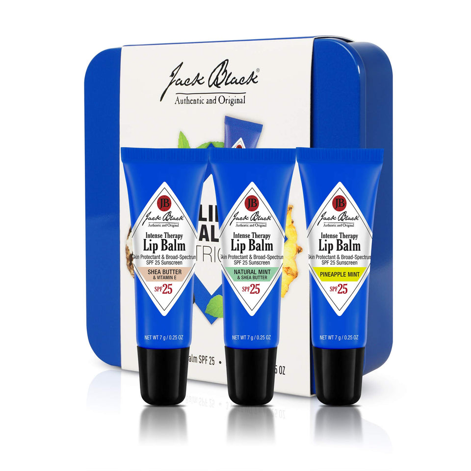 Jack Black trio tin front showing three SPF lip balms for convenient protection