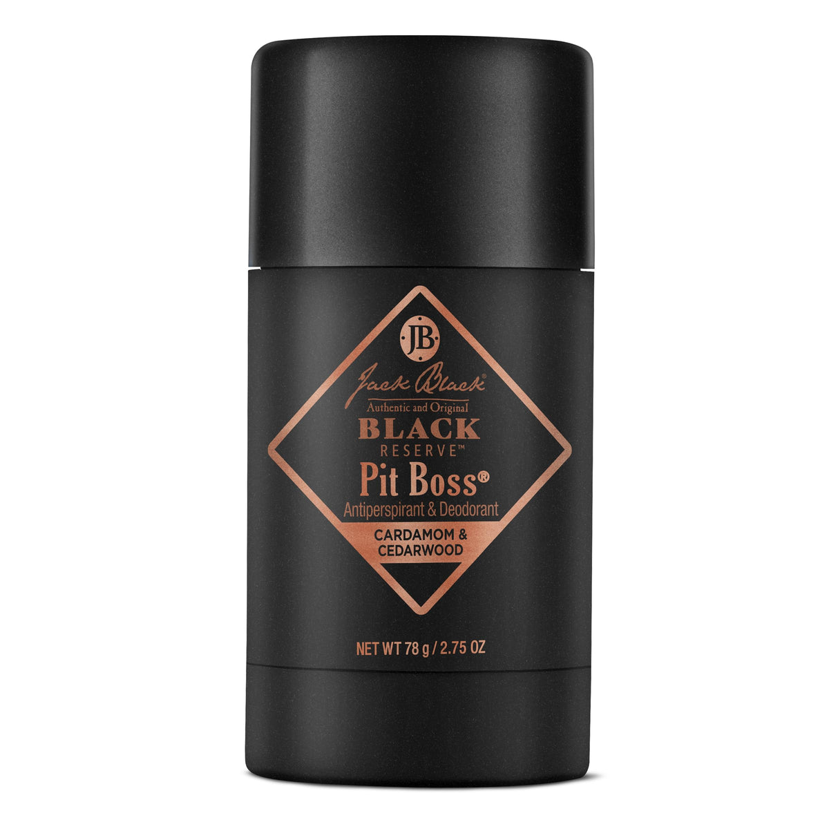 Jack Black Pit Boss front view showing stick packaging and neat design benefit: easy identification