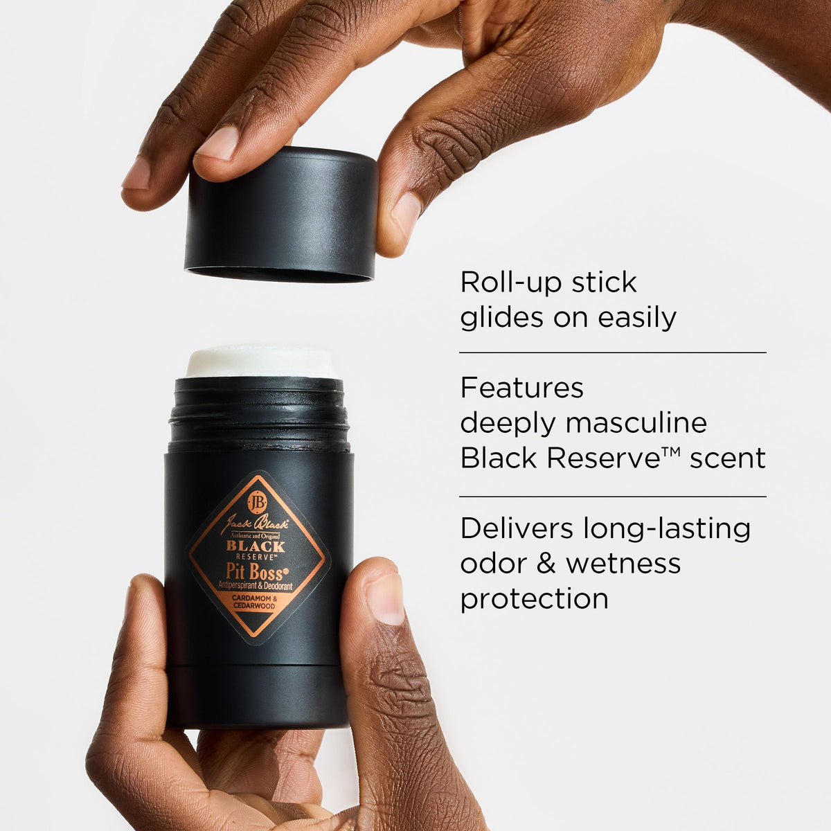 Jack Black Pit Boss label close-up highlighting scent notes and benefit: clear fragrance information