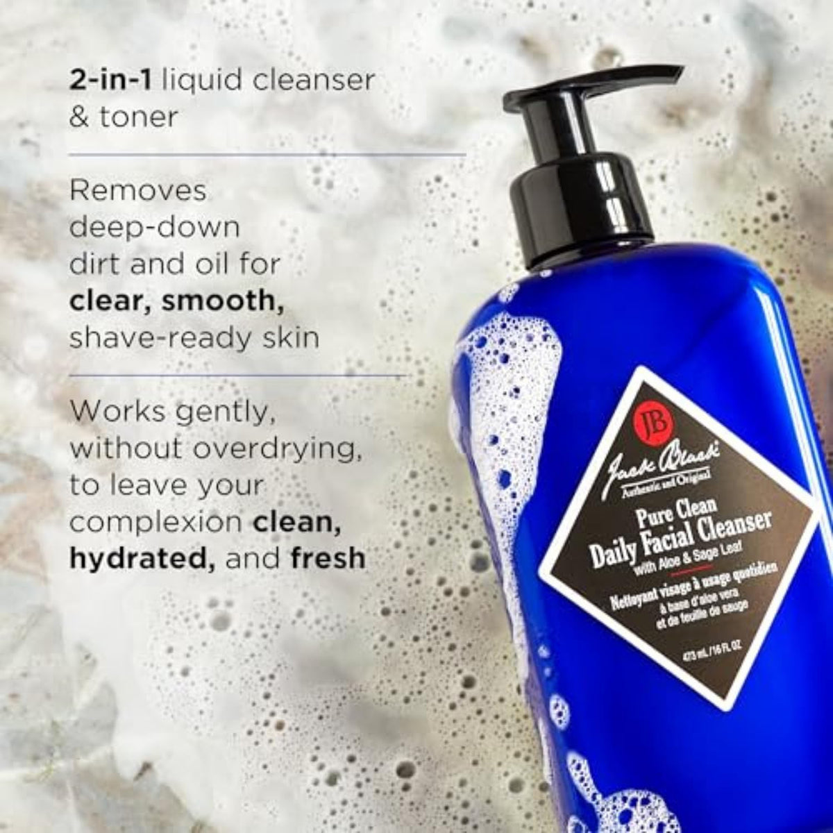 Jack Black cleanser texture close-up, sulfate-free lather and gentle feel