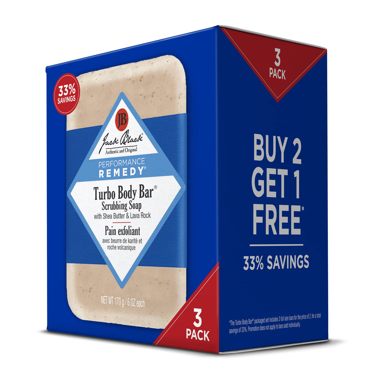 Jack Black Turbo Body Bar front packaging showing three 6 oz bars and benefits