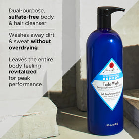 Jack Black Turbo Wash bottle in shower scene showing post-workout refresh