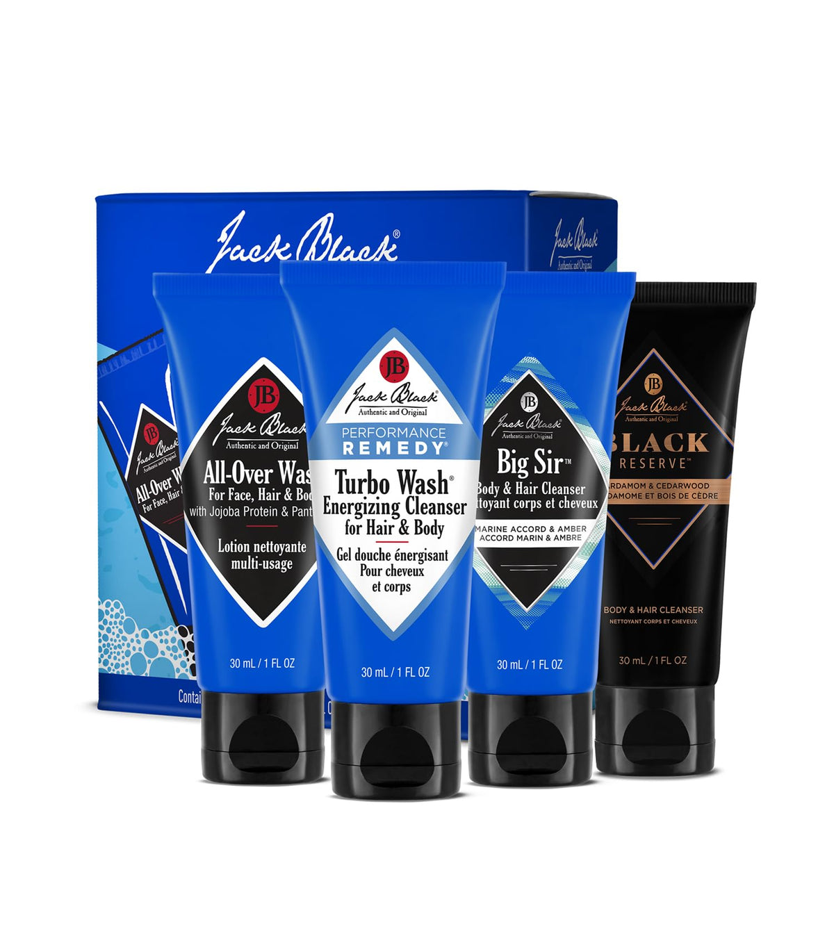 Jack Black front packaging showing four travel-size cleansers and variety benefit