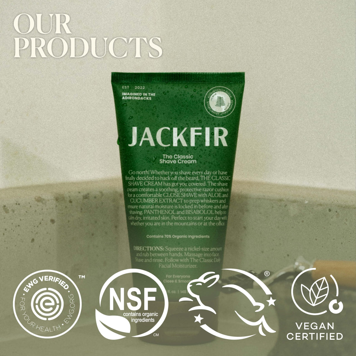 Jackfir label with certification seals highlighting clean formulation