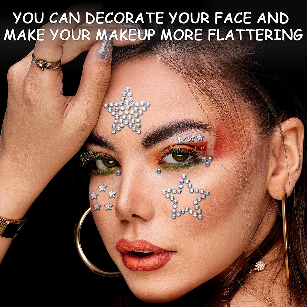 Jacnkb stick-on gems applied near eye, adds festival sparkle without mess