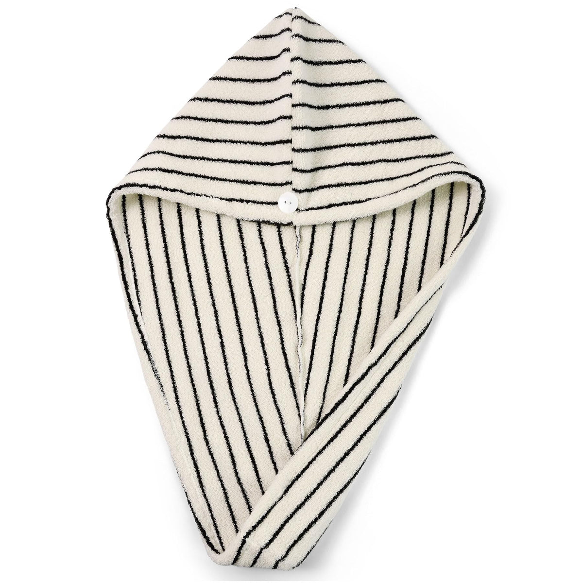 Jacquotha front view of black and white striped hair towel showing neat styling and convenience